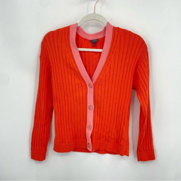 Talbots Pretty Orange Pink ribbed V-Neck Long Sleeve button Cardigan Sz M petite - Picture 1 of 6